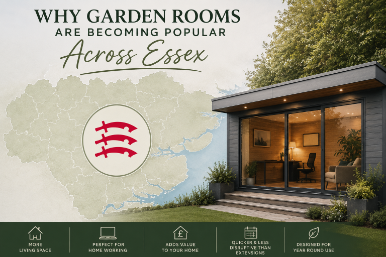 Modern garden room in Essex beside a map of Essex featuring the Essex county logo and contemporary insulated garden office design