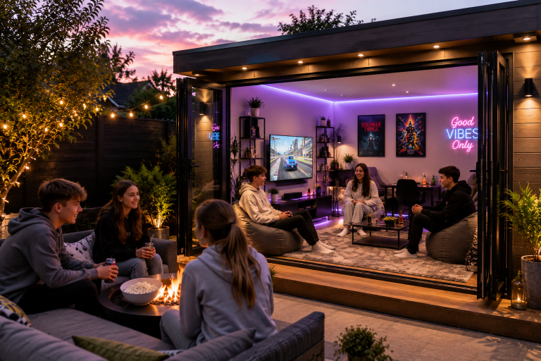 Teenagers relaxing and socialising in a modern garden room family escape space in Essex