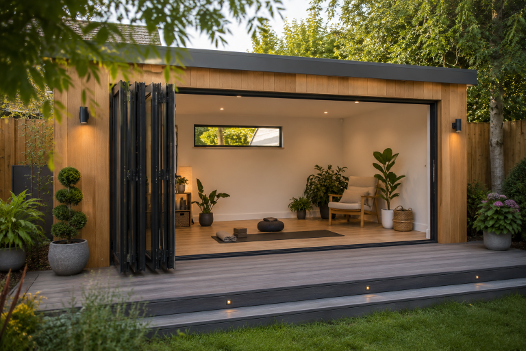 Wellness garden room in Essex designed as a peaceful home retreat for relaxation yoga and wellbeing